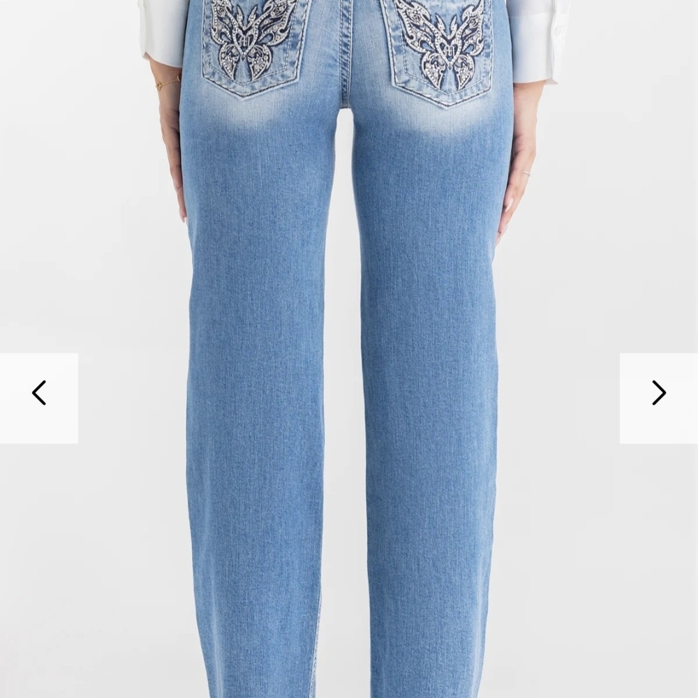 Miss Me Light Blue Straight Leg Jeans with Embroidery